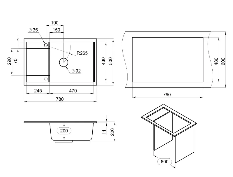 7805, АЛЮМИНИУМ, кухонная мойка, кварц